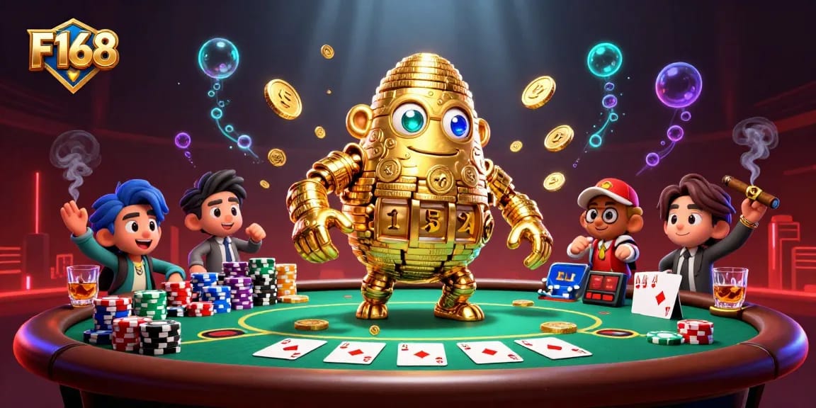 Experience F168's exciting poker action with a golden golem surrounded by vibrant gameplay elements.