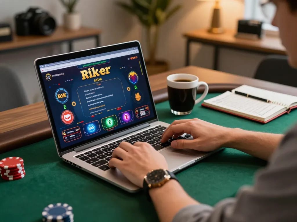 Player strategizing for rik poker game in a cozy home office setting, warm lighting enhancing the experience.
