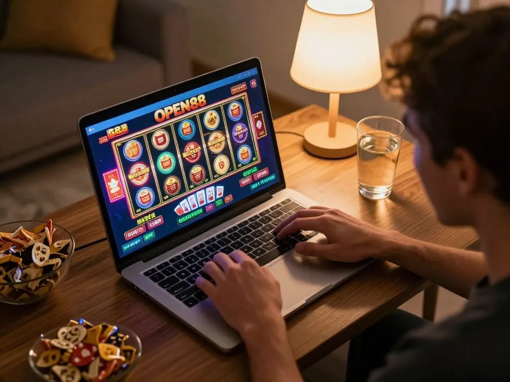 Player engaging with the OPEN88 online casino interface on a laptop in a cozy home setting.