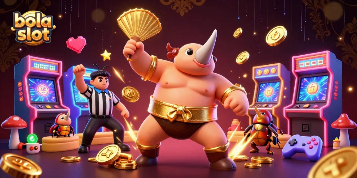 Experience vibrant action with bola slot as a sumo champion beetle sends coins flying in a lively gaming scene.