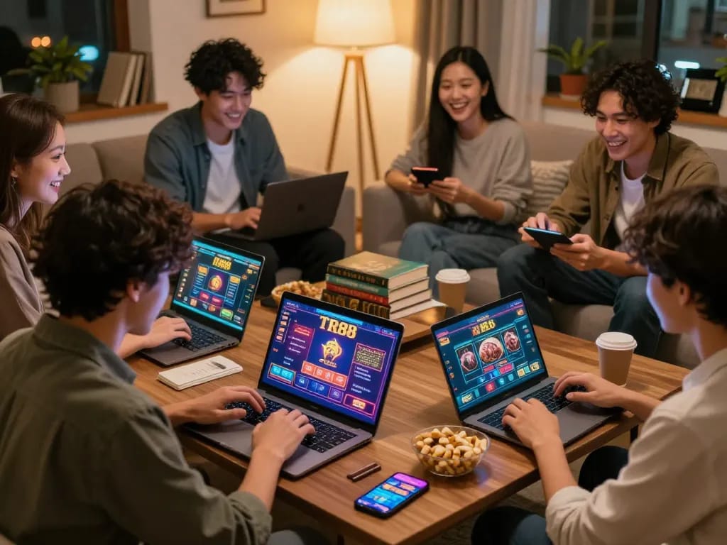 Players enjoy a TR88 online gaming session in a cozy setting, showcasing vibrant gameplay interactions.