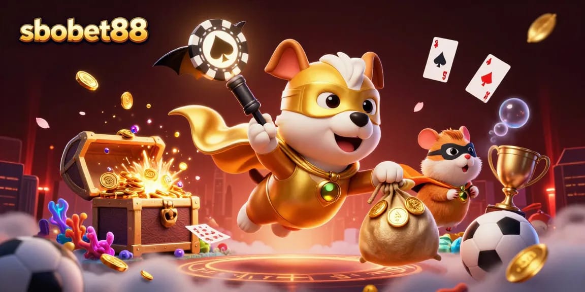SBOBET88 offers thrilling sports betting action, featuring a superhero dog and hamster with a poker chip sky background.