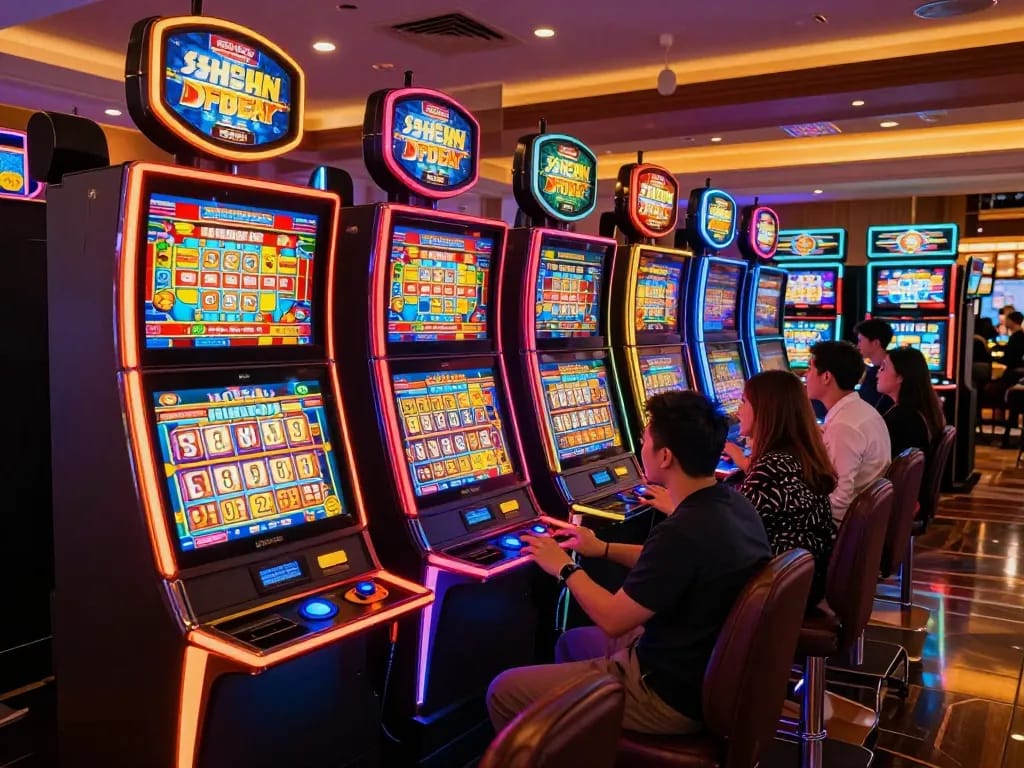 Experience the excitement of slot gacor gameplay with vibrant machines and engaged players in a lively casino.
