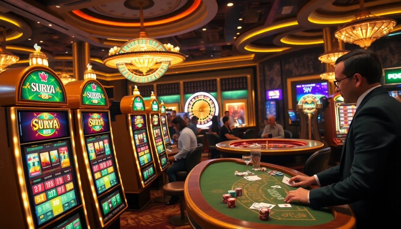 Players enjoying thrilling games at SURYA 88 casino, surrounded by vibrant slot machines and poker tables.
