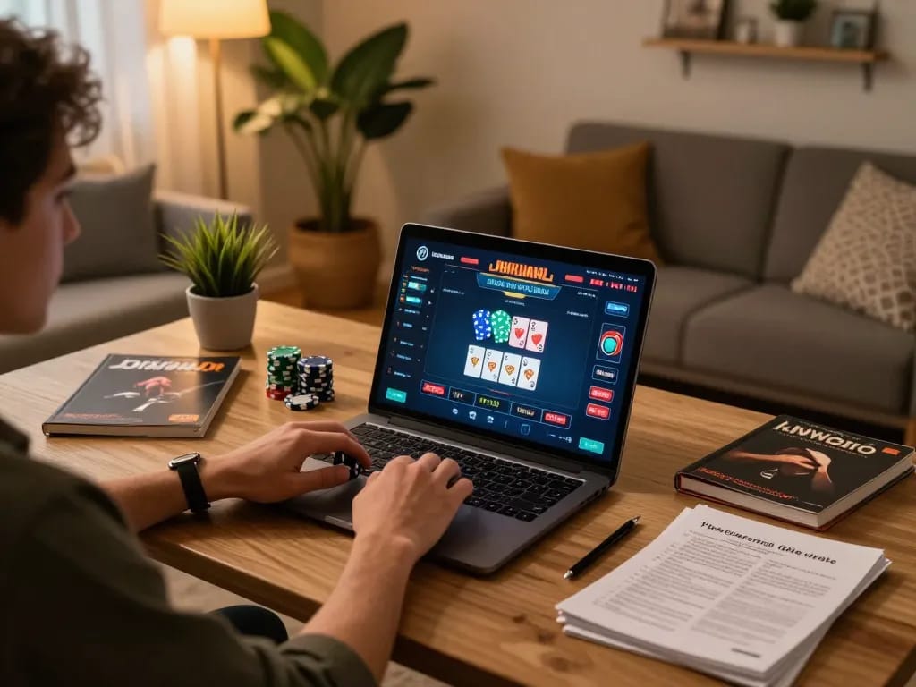Experience online gaming on jangkar55 with an engaging poker game displayed on a sleek laptop.