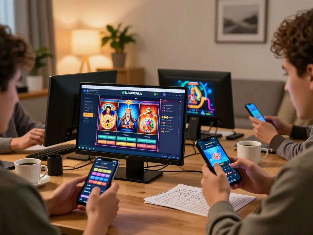 Engaged players using LGODEWA's online slot platform with modern devices in a cozy home setting