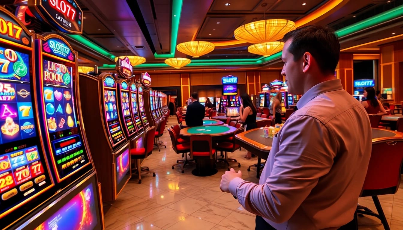 Engaging player using slot777 login at luxurious casino with vibrant slot machines.