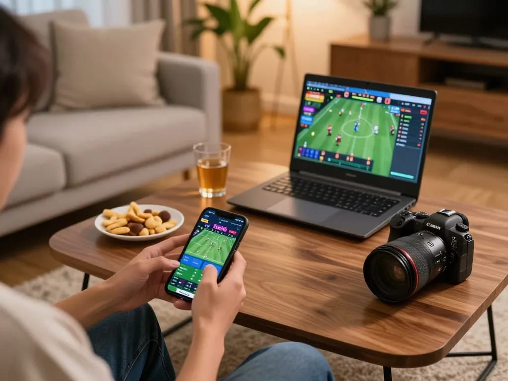 Fun88 mobile sports betting setup showcasing a person engaged in gaming with vibrant decor and warm settings.