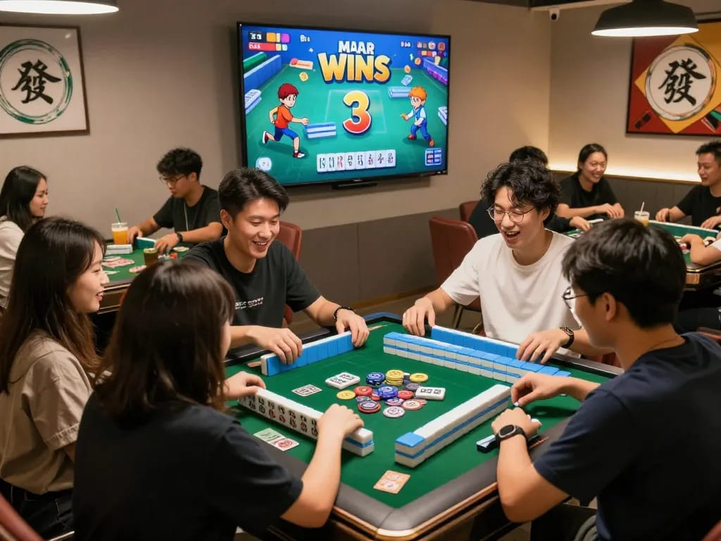 Peluang Mahjong Wins 3 di lounge permainan yang hidup dengan teman-teman yang merencanakan strategi dan menikmati permainan.