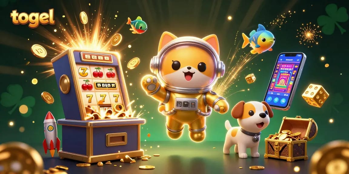 Menggambarkan pengalaman bermain togel yang menyenangkan dengan slot mesin dan kucing astronot.