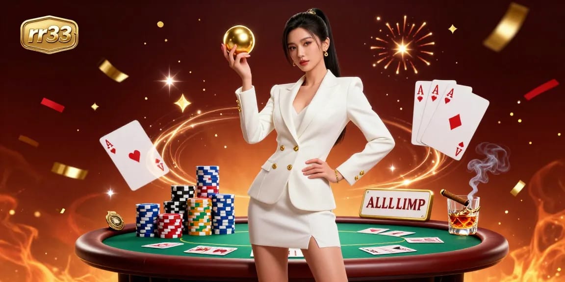Bet on rr33's thrilling casino experience featuring a glamorous Asian woman and vibrant poker elements.