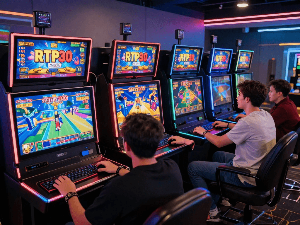 Exciting slot online gaming scene with players analyzing RTP percentages and vibrant graphics.