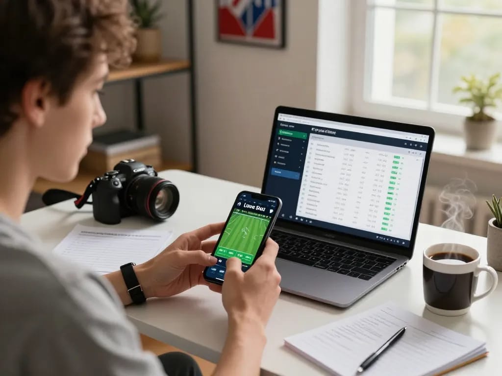 Sports betting action on https://ww88b.com/ with live updates shown on smartphone in modern office.