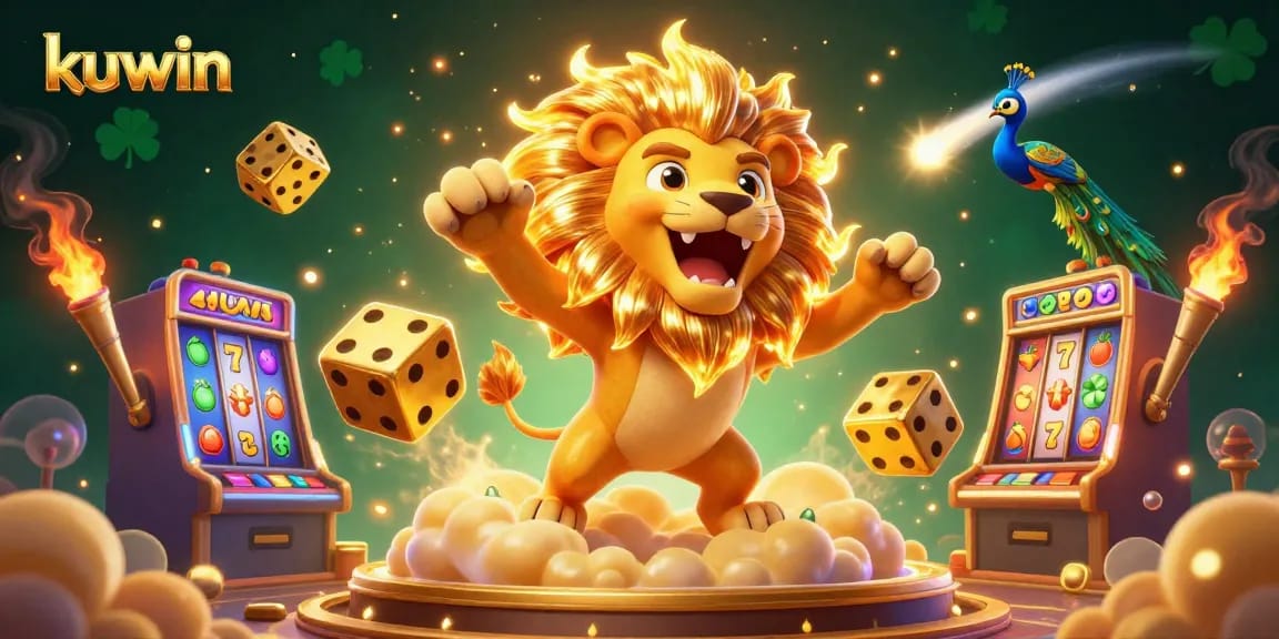 Kuwin casino-themed illustration featuring a roaring lion, golden dice, and vibrant slot machines with exciting energy.