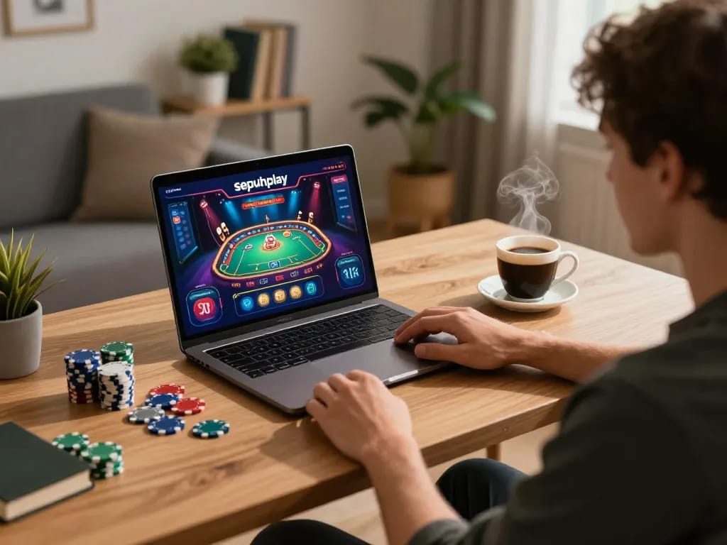 Menggunakan strategi permainan di Sepuhplay dengan chip dan antarmuka interaktif.