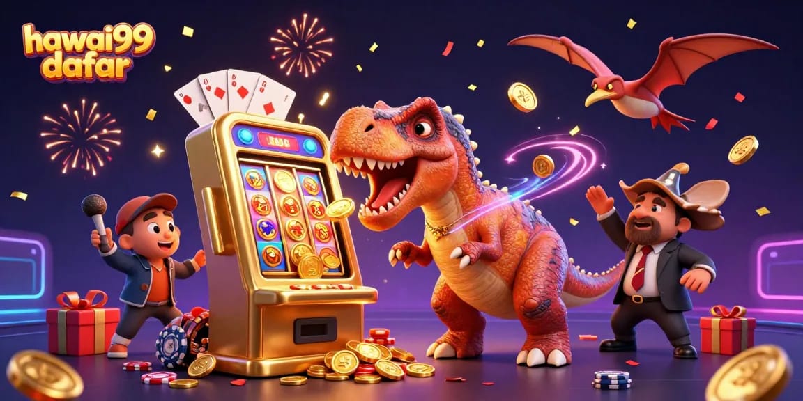 Collect wincoin rewards with HAWAI99 daftar in this quirky casino scene illustrating fun characters.