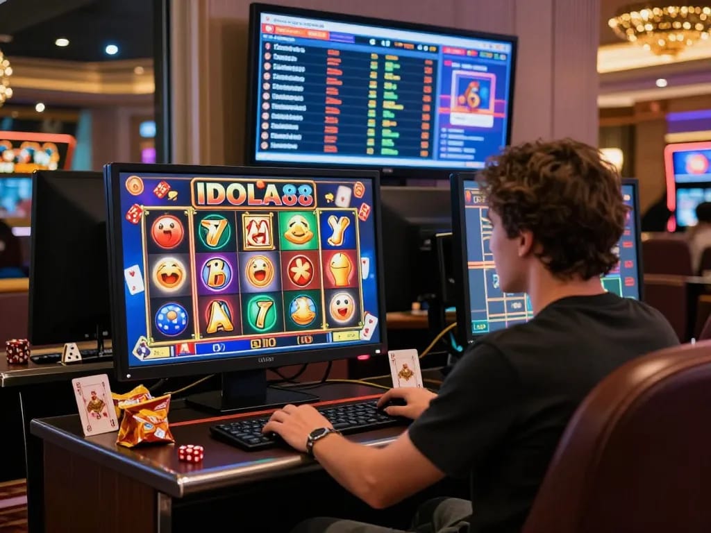 Player enjoying IDOLA88 online slot game with vibrant graphics and ambient casino atmosphere.