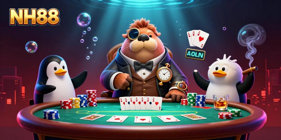 Experience poker excitement at NH88 with whimsical underwater characters in a vibrant gaming scene.