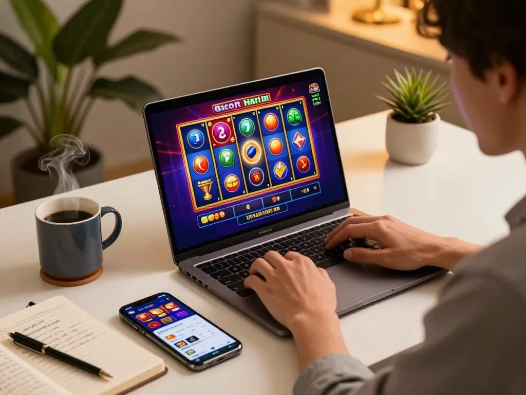 Terlibat dalam permainan slot gacor hari ini di laptop, menampilkan gulungan berwarna-warni dan taruhan strategis.