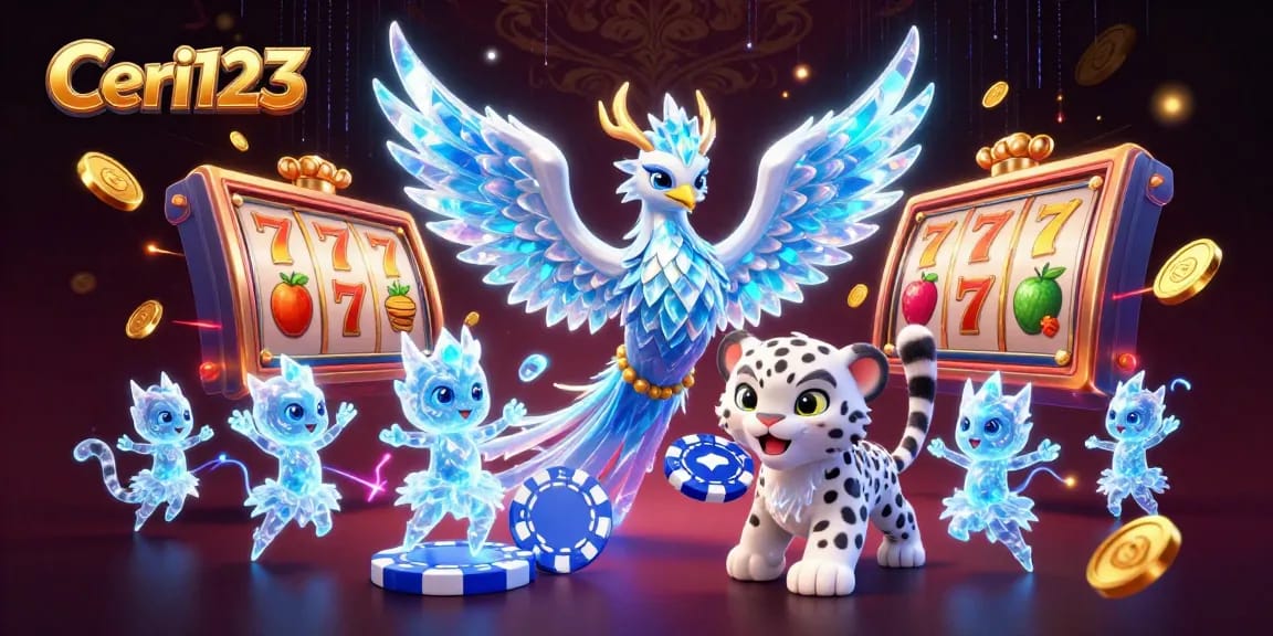 Ceri123 captivates with stunning slot game visuals featuring an ice phoenix and vibrant rewards.
