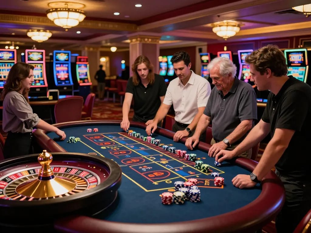 Excitement at the tg88 roulette table with players engaged and colorful chips displayed