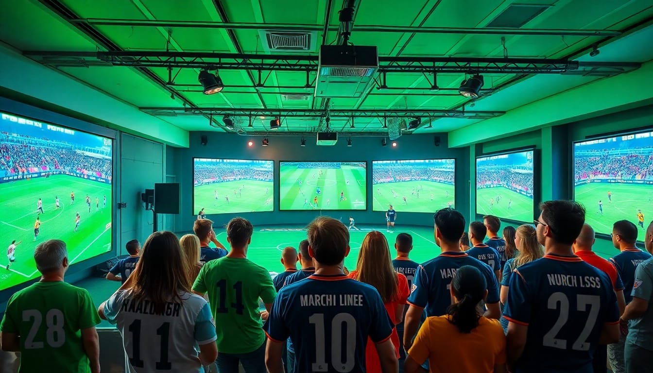 Engaged soccer fans enjoying high-quality streams at https://socolive.spot/ in a vibrant studio setting.