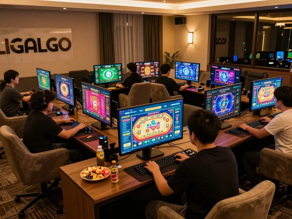 LIGALGO players engaged in dynamic online gaming setup with vibrant visuals.