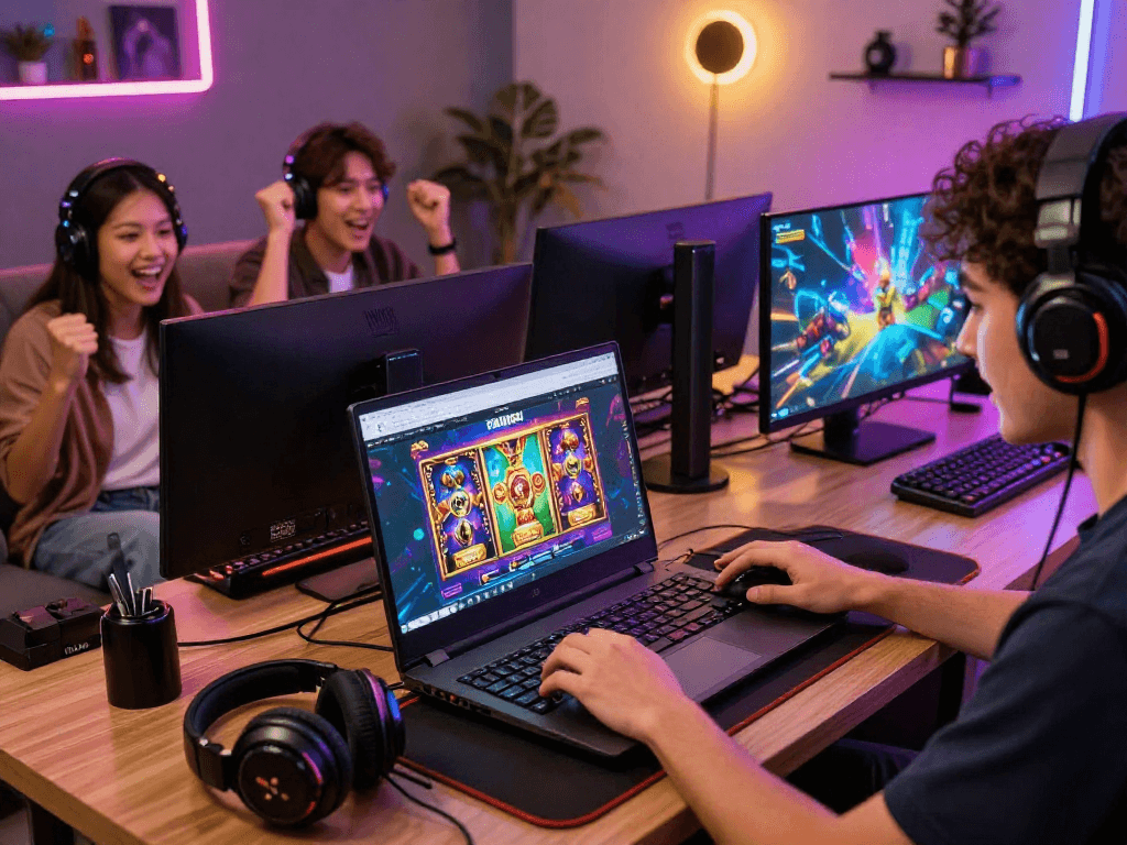 Exciting scene of online slot gacor gaming with player engaging at a stylish desk.
