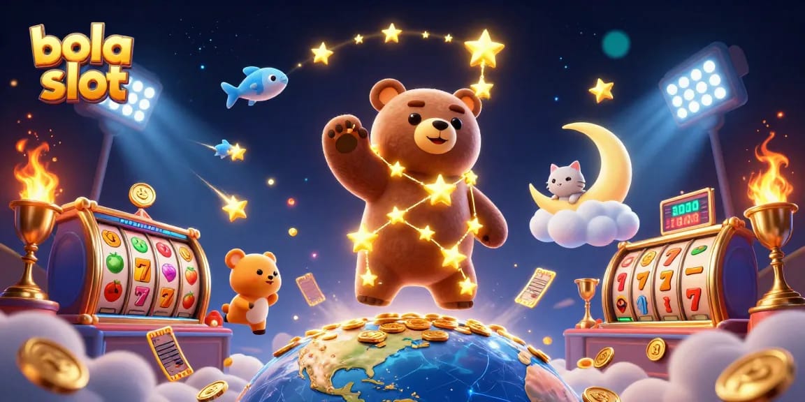 Bola slot animation featuring a constellation bear and dynamic slot elements in a vibrant casino scene.