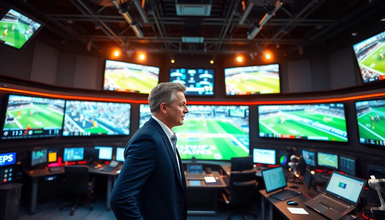 Dynamic sports broadcasting studio showcasing live events and energetic hosts.
