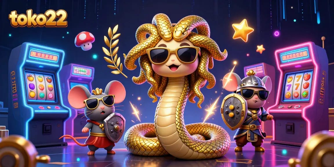 Spin the reels at toko22 with Medusa and a warrior mouse in a colorful casino scene.