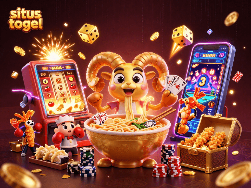 Gambar situs togel dengan karakter ramen dan dealer permainan di kasino digital.