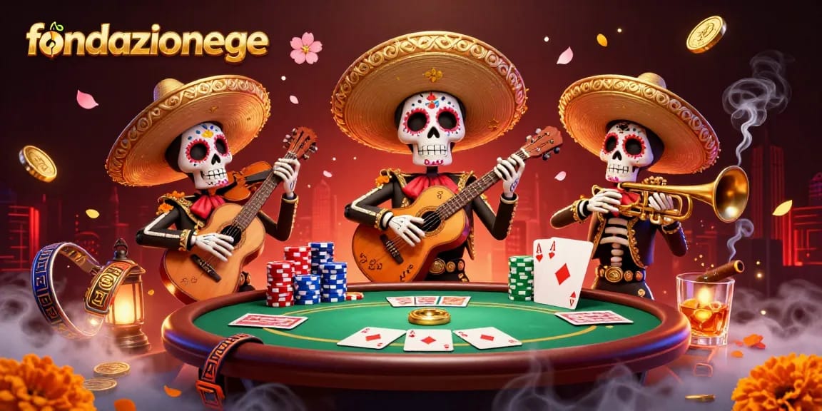 Experience excitement with fondazionege's vibrant 3D illustration of a mariachi band and poker action.