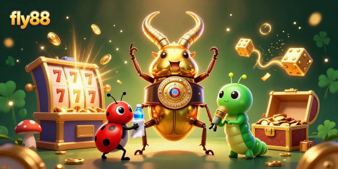 Experience the casino excitement with fly88 as a golden stag beetle faces off, surrounded by slot machine jackpots and sparkling coins.