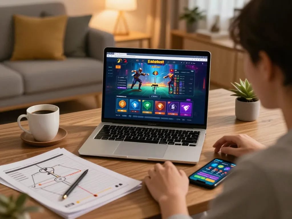 Terlibat dalam perjudian online di platform Jalatogel, menunjukkan permainan yang dinamis dan suasana rumah yang nyaman.