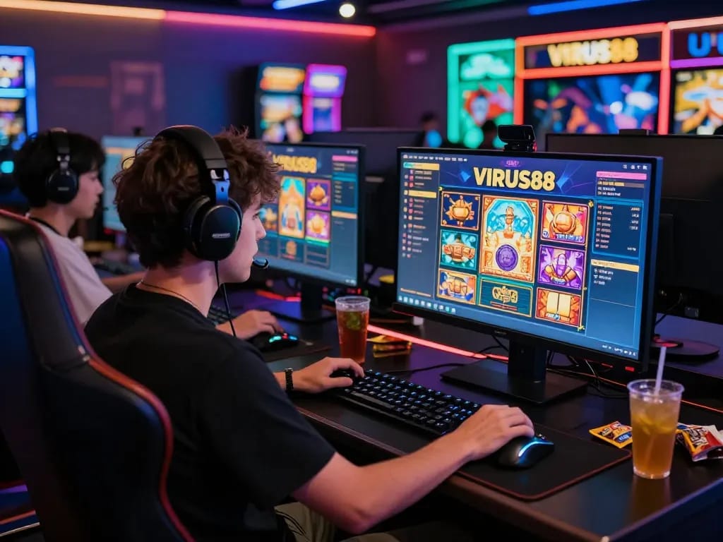 Scene permainan slot online VIRUS88 yang menarik dengan pemain terlibat di meja permainan yang berwarna-warni.