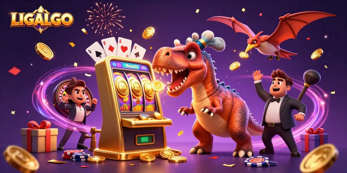 LIGALGO showcases a vibrant casino scene with characters celebrating a jackpot payout amidst flying coins.