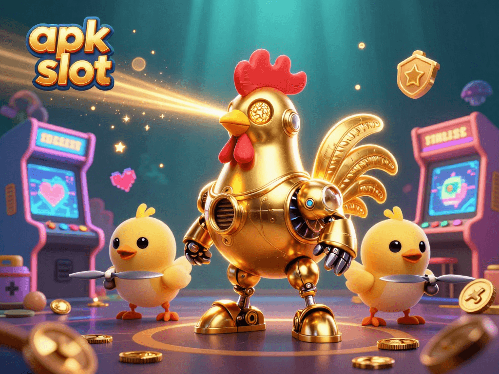 Bermain apk slot dengan robot ayam emas futuristik dikelilingi mesin permainan 3D cerah.
