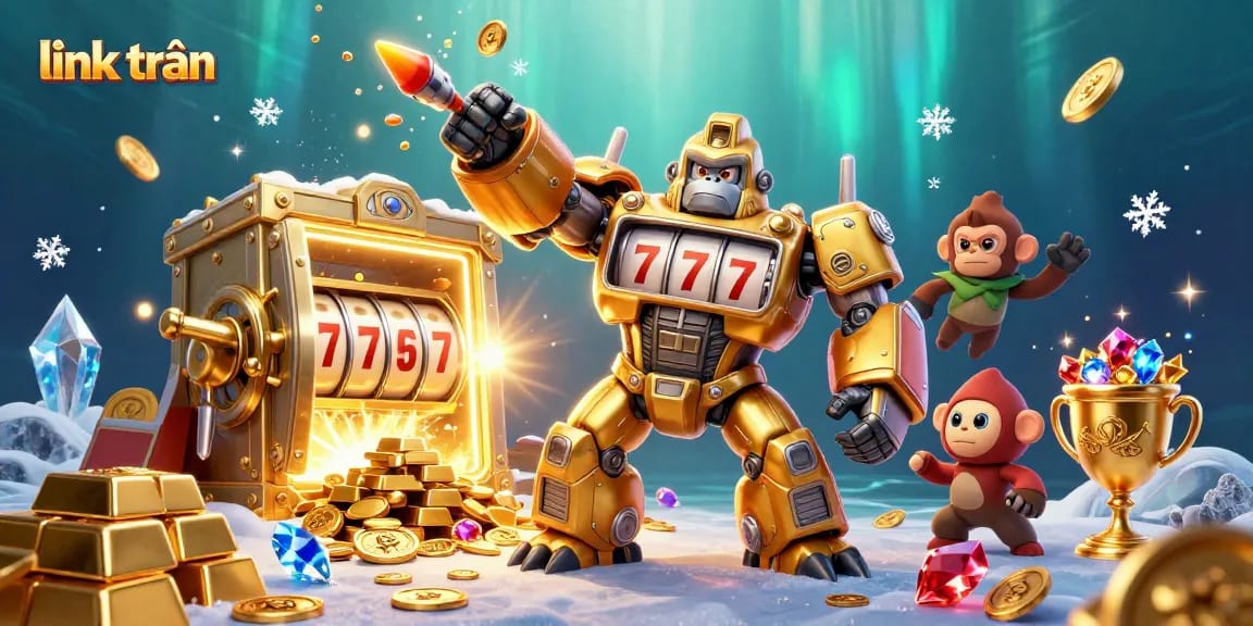 Spin the reels with link trần in this vibrant 3D casino scene filled with treasures.