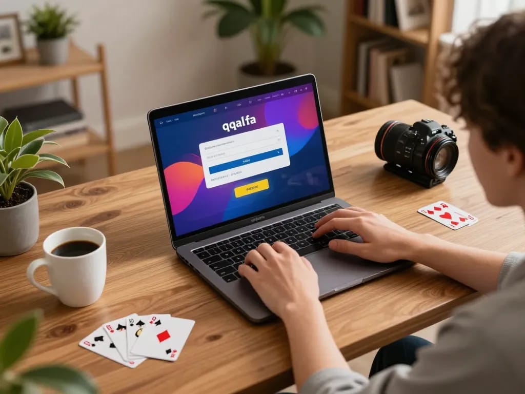 Engaging in online gaming with qqalfa login on the laptop screen in a cozy setup, showcasing responsible gambling.
