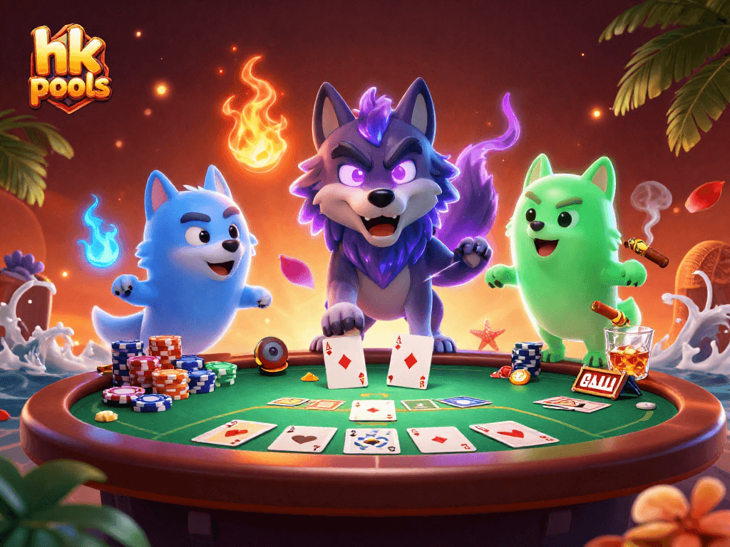 Permainan hk pools menampilkan serigala misterius dengan poker dan chip kasino yang penuh warna.