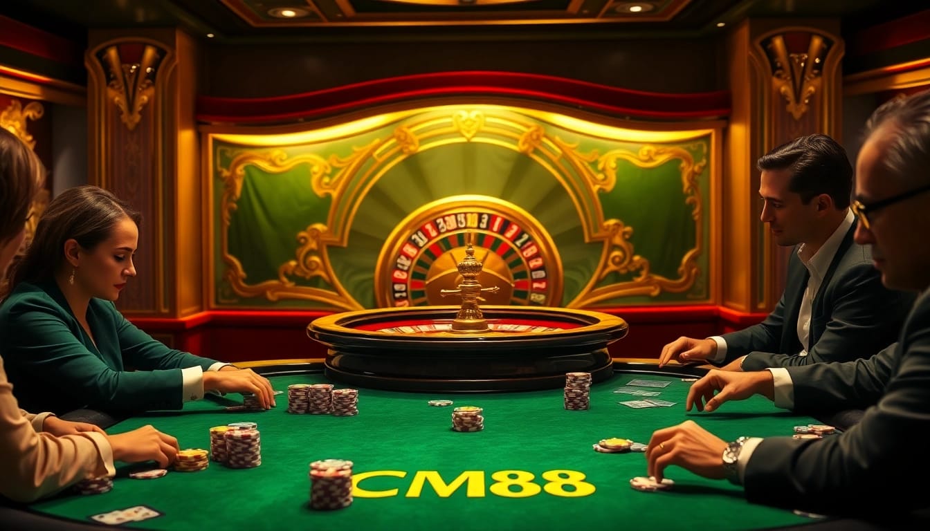 Experience the thrill of CM88 in a luxurious casino with vibrant poker games and roulette wheels.