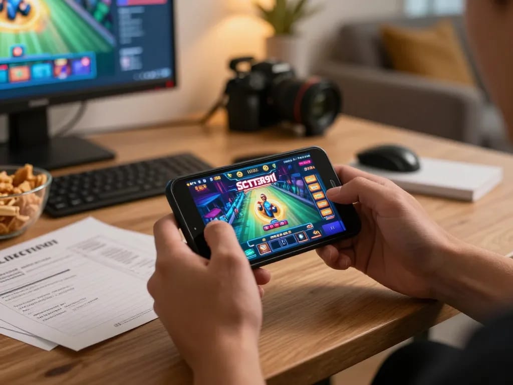 Engaging with SCATTER911 mobile casino app, highlighting dynamic online gambling excitement in a cozy home.