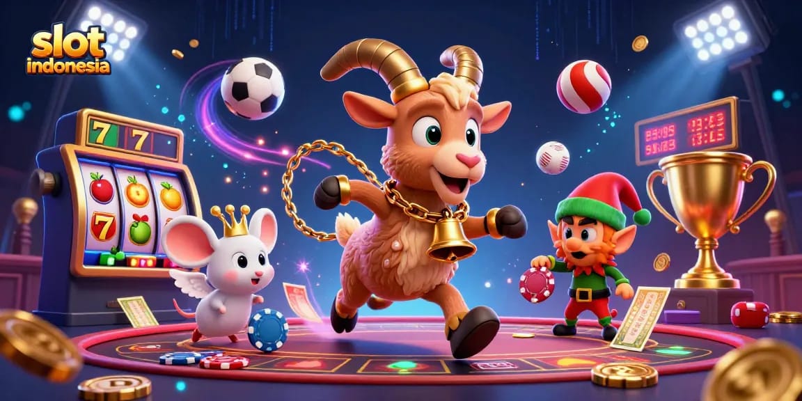 Slot indonesia memperlihatkan suasana kasino yang penuh warna dengan karakter menarik dan elemen slot.