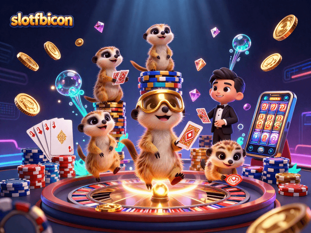 Experience the thrill at slotfbicon with animated meerkats managing a vibrant casino scene.