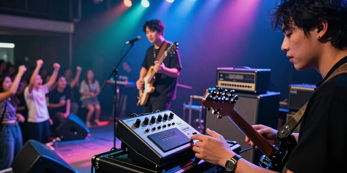 Penggunaan BOSS 88 oleh musisi di panggung, menampilkan suasana konser yang dinamis.