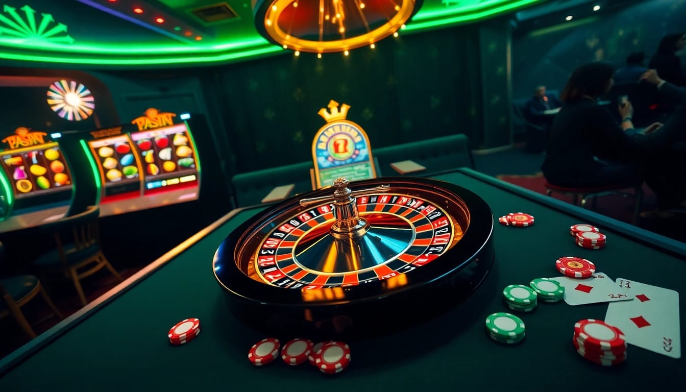 Experience the luxury of gambling at 78Win with vibrant tables, cards, and a spinning roulette wheel.