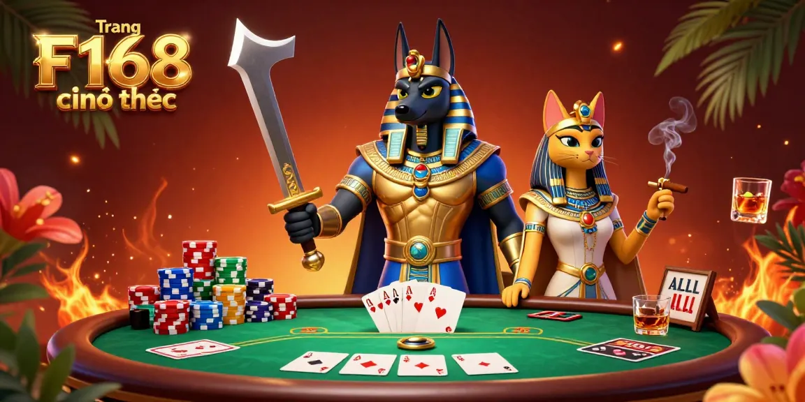 Engage in thrilling games at Trang F168 chính thức showcased with vibrant poker elements and Egyptian-themed characters.