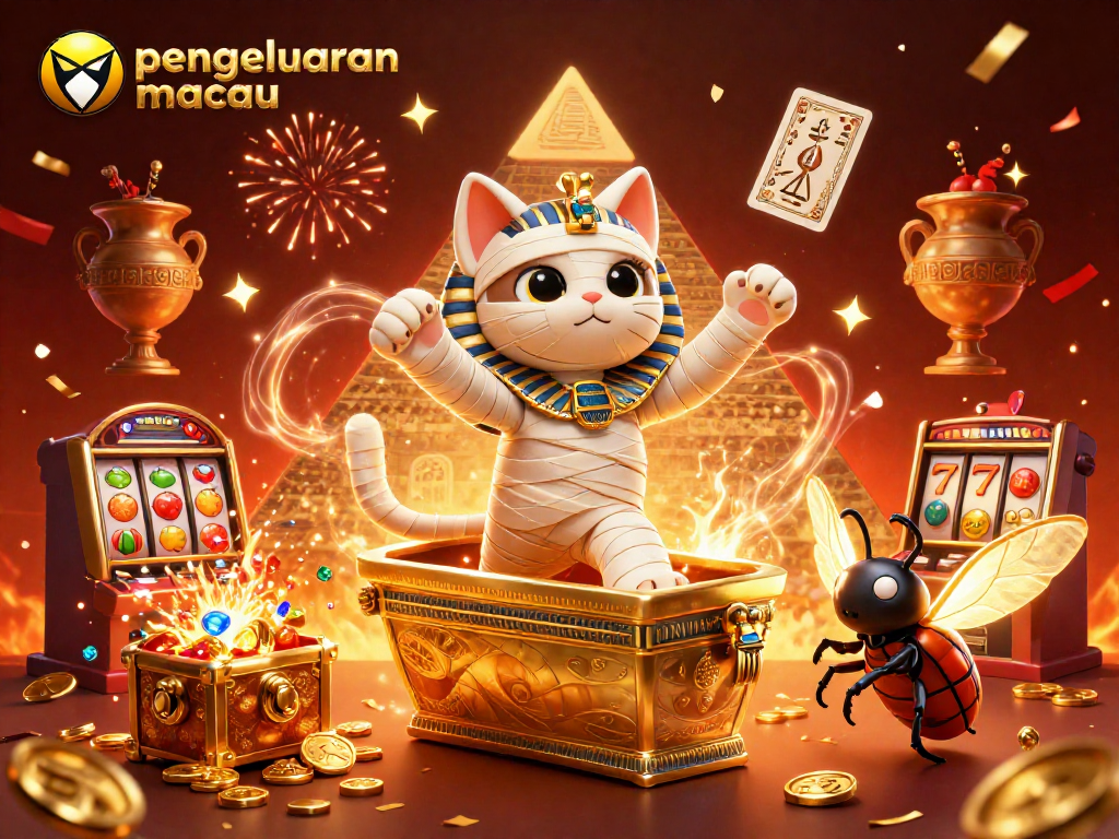 Menggambarkan pengeluaran macau dengan kucing mumi dan elemen slot yang menarik.