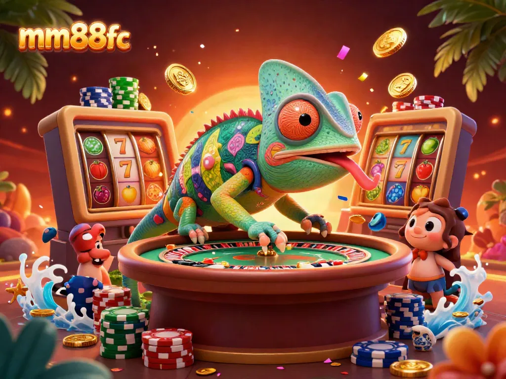 Engage with mm88fc through vibrant slot reels and a whimsical chameleon casino owner in 3D.